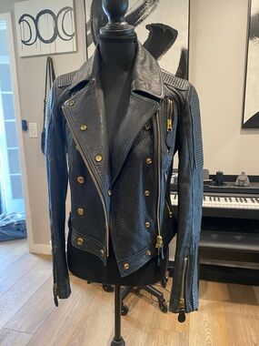 Burberry Black Leather Double-Breasted Moto Jacket with Gold Hardware